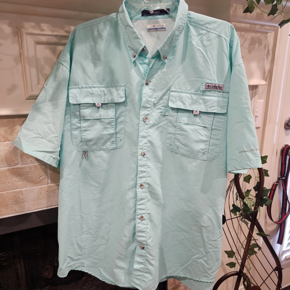 Columbia PFG Mens Vented Button Shirt Aqua Fish XL Short Sleeve Collared